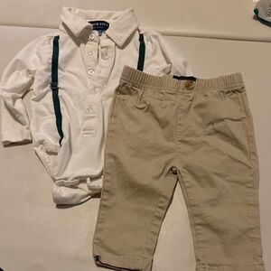 Andy & Evan White Shirt with Navy Suspenders and Beige Pants